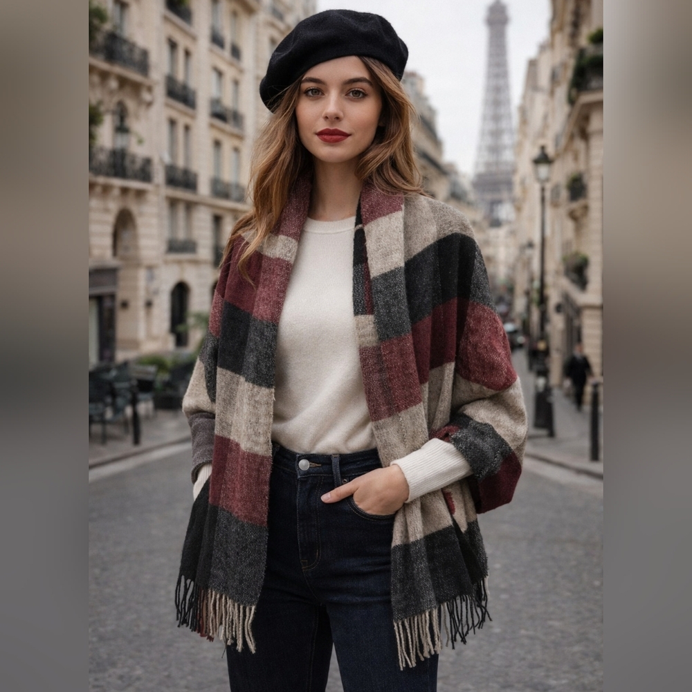 NEW Made in Italy 100% Acrylic Plaid Scarf with Fringed Ends – Cozy and Stylish
